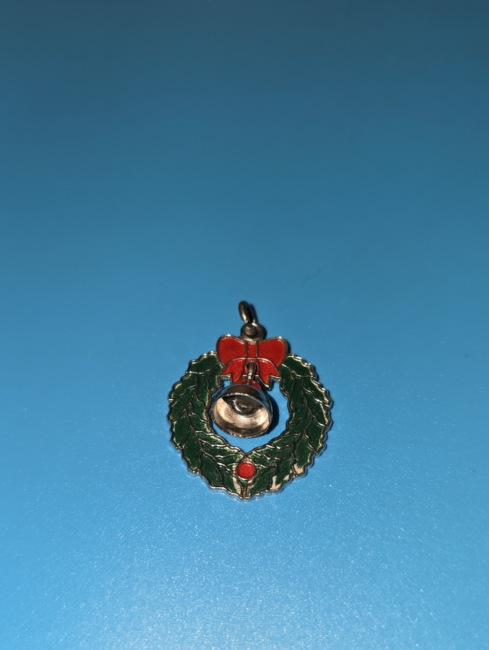 Holiday Wreath Bell Pendant Necklace Charm - Green & Red Sterling Silver Vintage